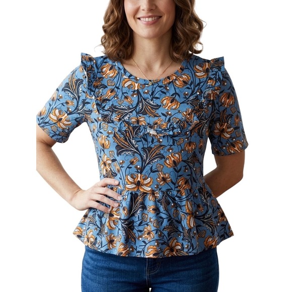 Zara Tops - Zara Boho Floral Ruffle Peplum Top Short Sleeve Cotton Blouse Small